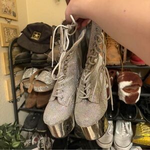 Pleaser Silver Glitter Lace-Up Heeled Boots